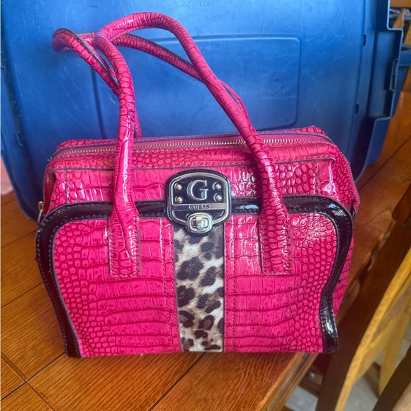 Guess Handbags - GUESS Hot Pink Croc-Embossed Satchel with Leopard Stripe